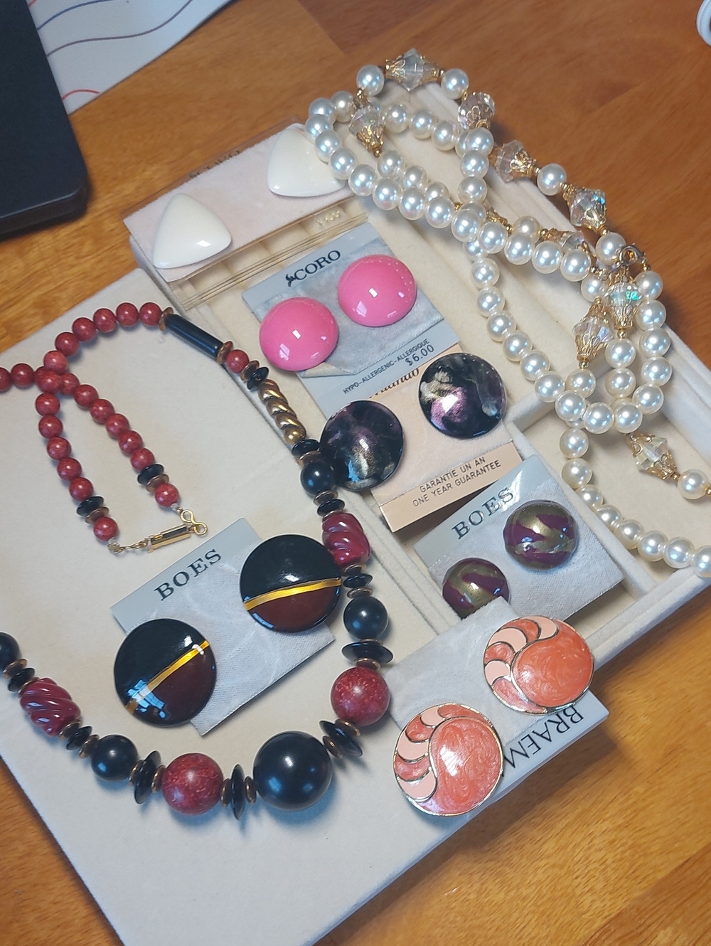 Vintage 1980s Retro Statement Jewelry Lot Geometric Bead Necklace Pearl Set